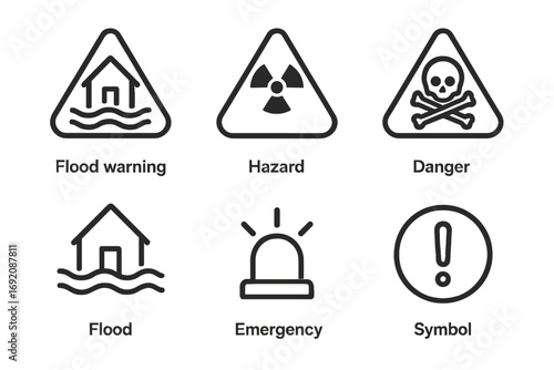 Safety warning signs: flood, hazard, danger, emergency symbols