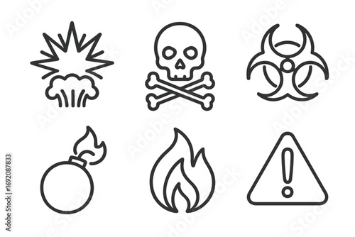 Hazard symbols: explosion, poison, biohazard, bomb, fire, caution triangle