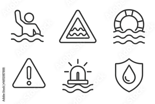 Water safety warning signs and icons for aquatic environments