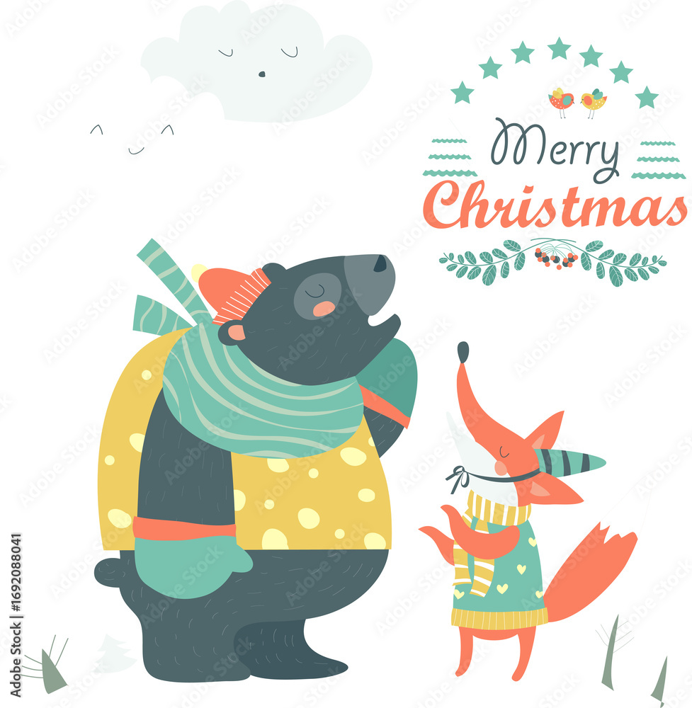 Fototapeta premium Funny bear and happy fox . Vector greeting card