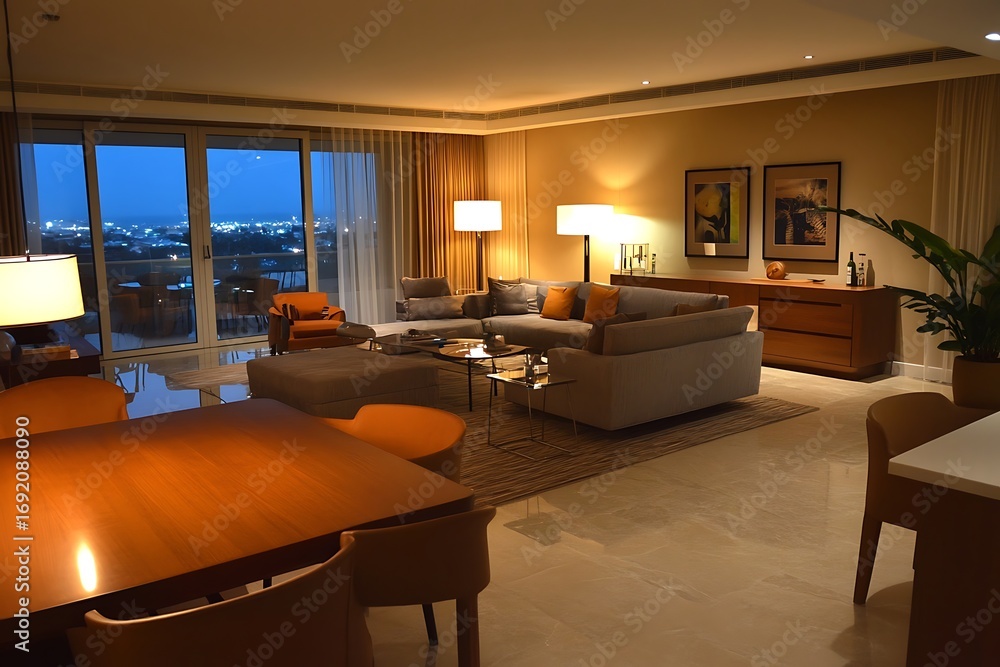 Fototapeta premium Luxury Apartment Night View City Lights Modern Living Room