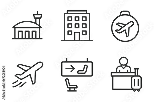 Airport travel icons: building, plane, ticket, destination, board, reception