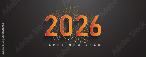 2026 Happy new year celebration greeting card, sparkler font and firework isolated background