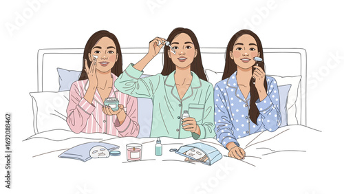 Three young women in pajamas applying skincare products in bed during a sleepover or pamper night with makeup bags and bottles