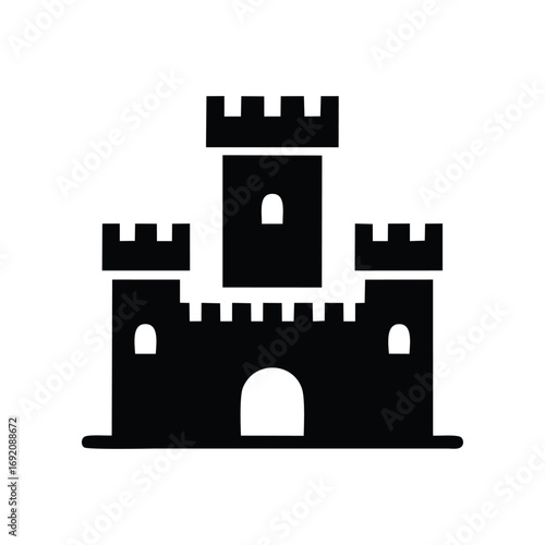 Black silhouette of a castle with three towers and crenellations.