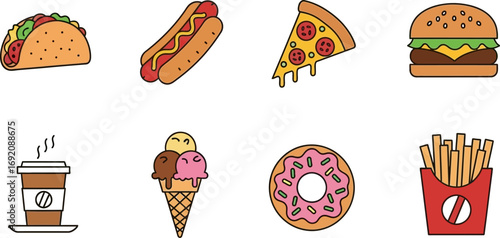 Collection of delicious and colorful fast food items