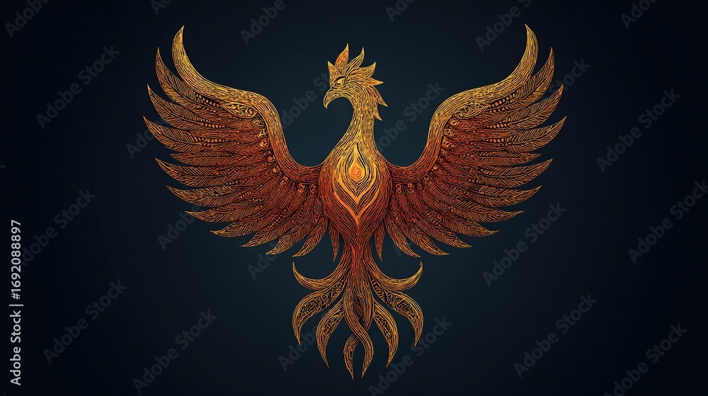 Fototapeta premium Fiery phoenix, wings outstretched, ornate design, golden-orange hues, dark background
