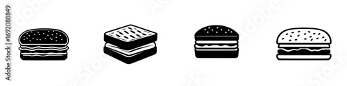 Variety of minimalist black-and-white burger silhouettes showcasing different styles and designs