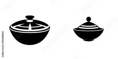 Stylized black-and-white vector illustrations of minimalist decorative bowls showcasing seamless silhouette designs for modern decor