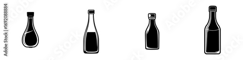 Minimalist black and white vector illustrations of various bottle silhouettes showcasing unique shapes and designs