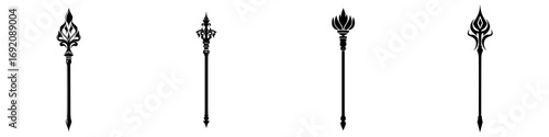 Decorative black-and-white vector illustration of minimalist silhouettes of various ornamental spear tips
