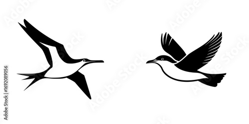 Vector illustration of minimalist black-and-white bird silhouettes in flight showcasing freedom and elegance