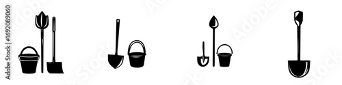 Gardening tools represented in a black-and-white vector illustration showcasing minimalist silhouettes of buckets and spades