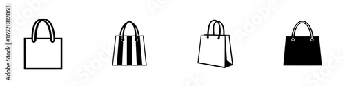 Minimalist black-and-white vector illustration of various shopping bags representing retail and eco-friendly choices
