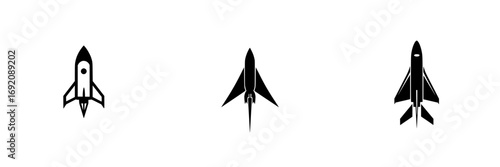 Minimalist black and white vector illustration of multiple rocket silhouettes in a simple design for creative projects