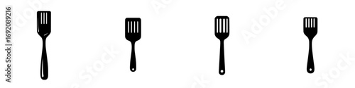 Minimalist black-and-white vector illustration of kitchen spatulas showing different designs and styles for culinary use