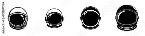 Exploration symbols showcase four minimalist astronaut helmet silhouettes in black-and-white vector art
