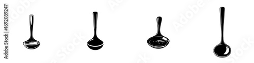 Minimalist black and white vector illustration of simple silhouettes of ladles in various positions