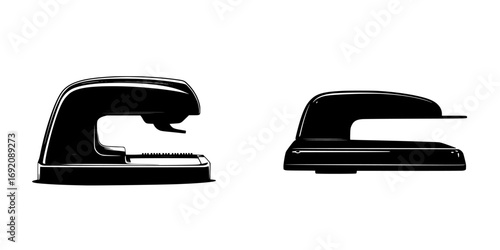 Minimalist vector silhouette of a stapler and a hole punch on a white background
