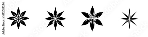 Minimalistic black-and-white vector illustrations of floral shapes displaying various symmetrical designs