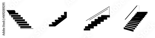 Minimalist black-and-white vector illustration of various stair designs in simple silhouette form