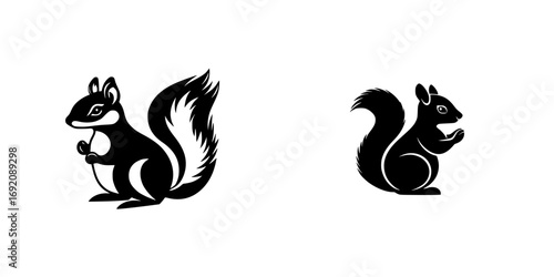 Minimalist black-and-white vector illustration of squirrels in playful poses, ideal for nature-themed designs