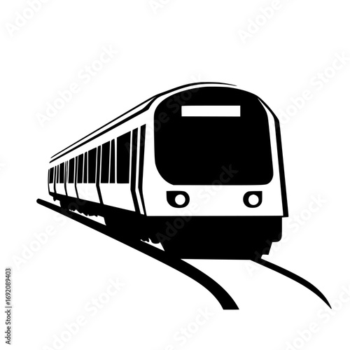 Minimalist black-and-white vector illustration of a sleek train silhouette on curved tracks