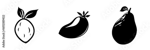 Fresh fruit silhouette collection showcasing lemon, mango, and avocado in a black-and-white minimalist design