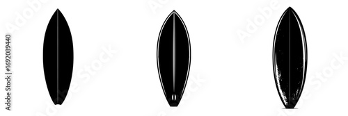 Minimalist black-and-white vector illustration of three distinct surfboard silhouettes showcasing unique shapes
