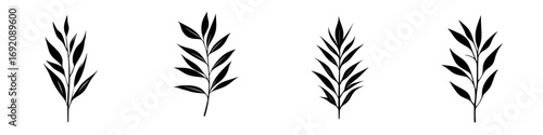 Minimalist black-and-white vector illustration of plant leaves arranged in various orientations on a plain background