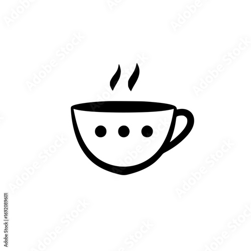 Minimalist black-and-white vector illustration of a steaming coffee cup with simple silhouette design
