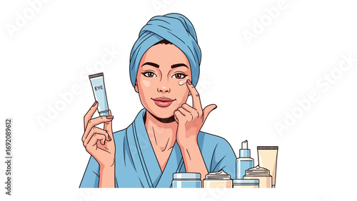 Young woman with blue towel turban and robe applying eye cream with product bottle in hand and skincare bottles in background
