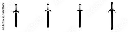 Collection of minimalist black-and-white sword silhouettes illustrating a variety of designs in symmetrical formation