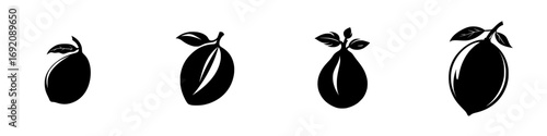 Minimalist black-and-white vector illustration of fruit silhouettes, showcasing diverse forms and leaves