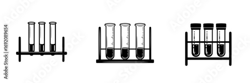 Minimalist black-and-white vector illustration of test tubes in laboratory settings depicting science experiments
