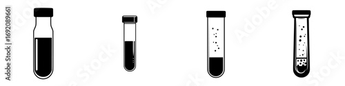 Laboratory equipment display featuring four black-and-white minimalist test tubes with various contents and designs