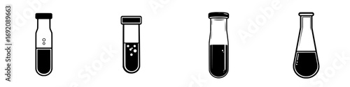 Minimalist black-and-white vector illustration of laboratory glassware featuring various test tubes and flasks