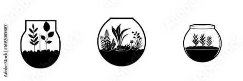 Various minimalist black-and-white vector illustrations of aquatic plants in bowls, showcasing different growth stages and styles