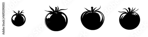 Illustration of black-and-white minimalist tomato silhouettes in various sizes for culinary and agricultural themes