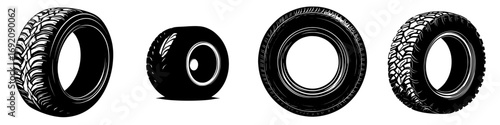Collection of black-and-white minimalist tire silhouettes showcasing various patterns and shapes for automotive design and branding