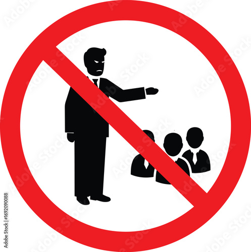 No bad leadership presentations allowed with unhappy boss and discouraged employees symbol