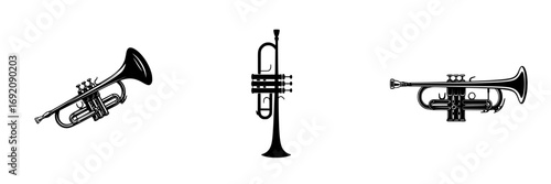 Minimalist black-and-white vector illustration featuring three distinct brass instruments