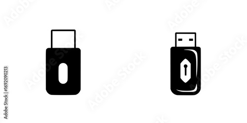 Minimalist black-and-white vector illustration of two USB flash drives depicted with simple silhouettes