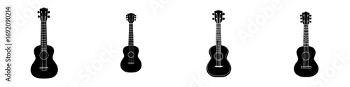 Minimalist black-and-white vector illustration showcasing various ukulele silhouettes in a clean design