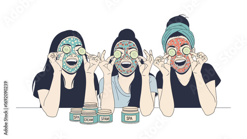 Three diverse women enjoying a relaxing spa day at home applying refreshing facial masks and cucumber slices to their eyes