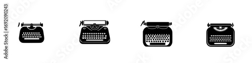 Vintage typewriter collection in minimalist black-and-white vector illustration showing different designs and styles