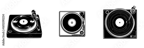 Minimalist black and white vector illustration of vinyl record players in a stylish design showcasing various angles