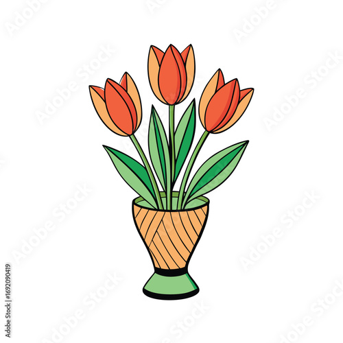 Stylized modern tulips elegantly arranged in a sleek white vase against a clean white background