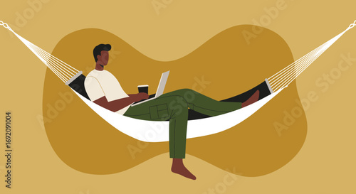 Relaxed person working remotely on a laptop in a hammock with coffee, highlighting comfort, leisure, and modern work-life balance.