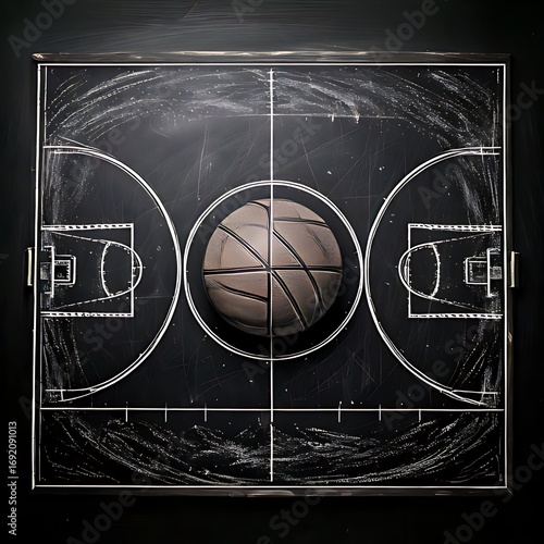 Basketball court with ball, chalk-style design